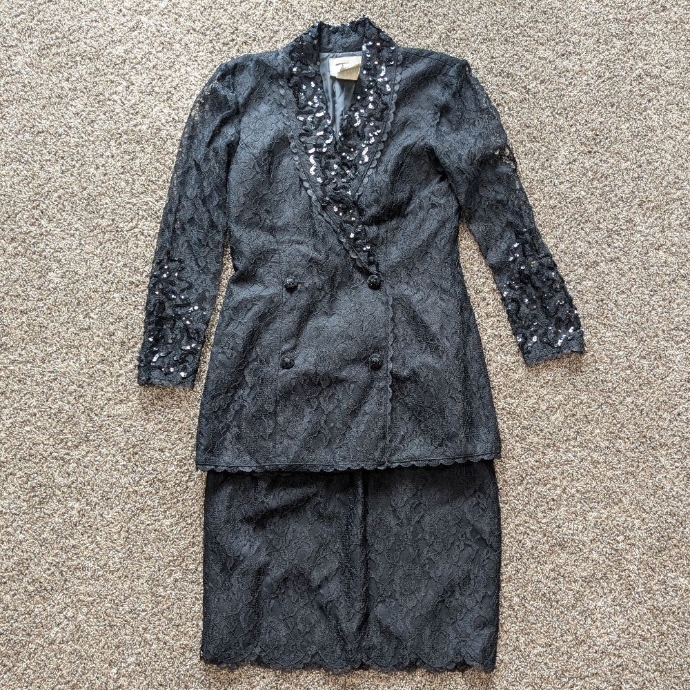 Vintage Tadashi Shoji Black Lace Sequin 2 Piece Skirt Suit Set